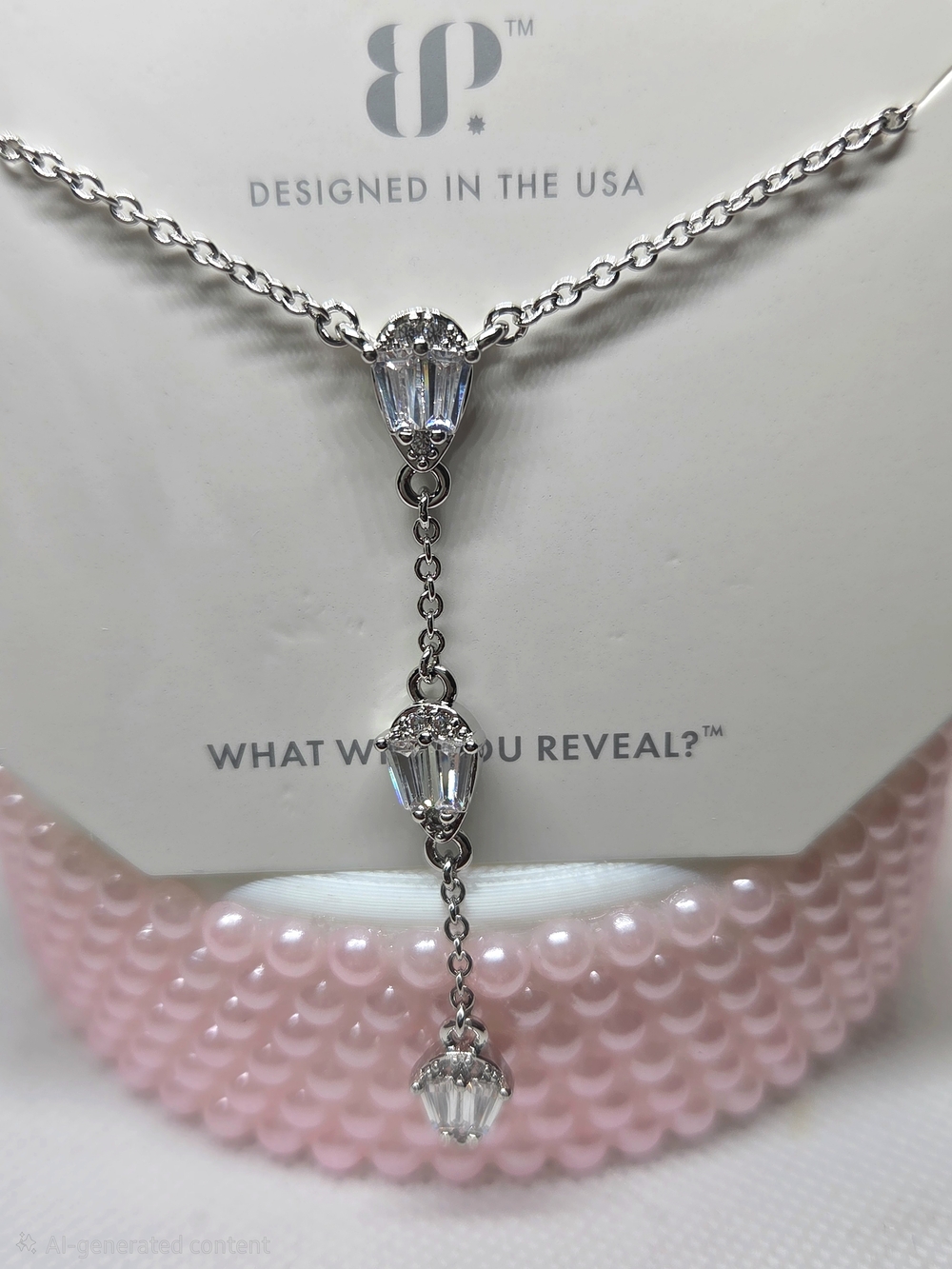BP Diamond CZ Drop Y Necklace  On Rhodium Plating